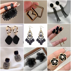 Trendy Black Enamel Oil Flower Earrings for Women Crystal Bow Triangle Heart Square Round Long Tassel Geometry Statement Jewelry