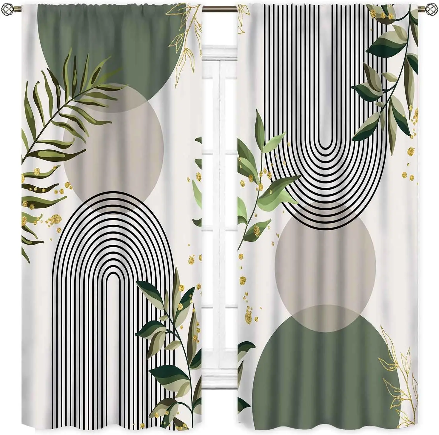 Mid Century Modern Curtains, Boho Aesthetic Green Tropical Palm Leaves Abstract Minimalist Geometic Arch Curtains Treatments for