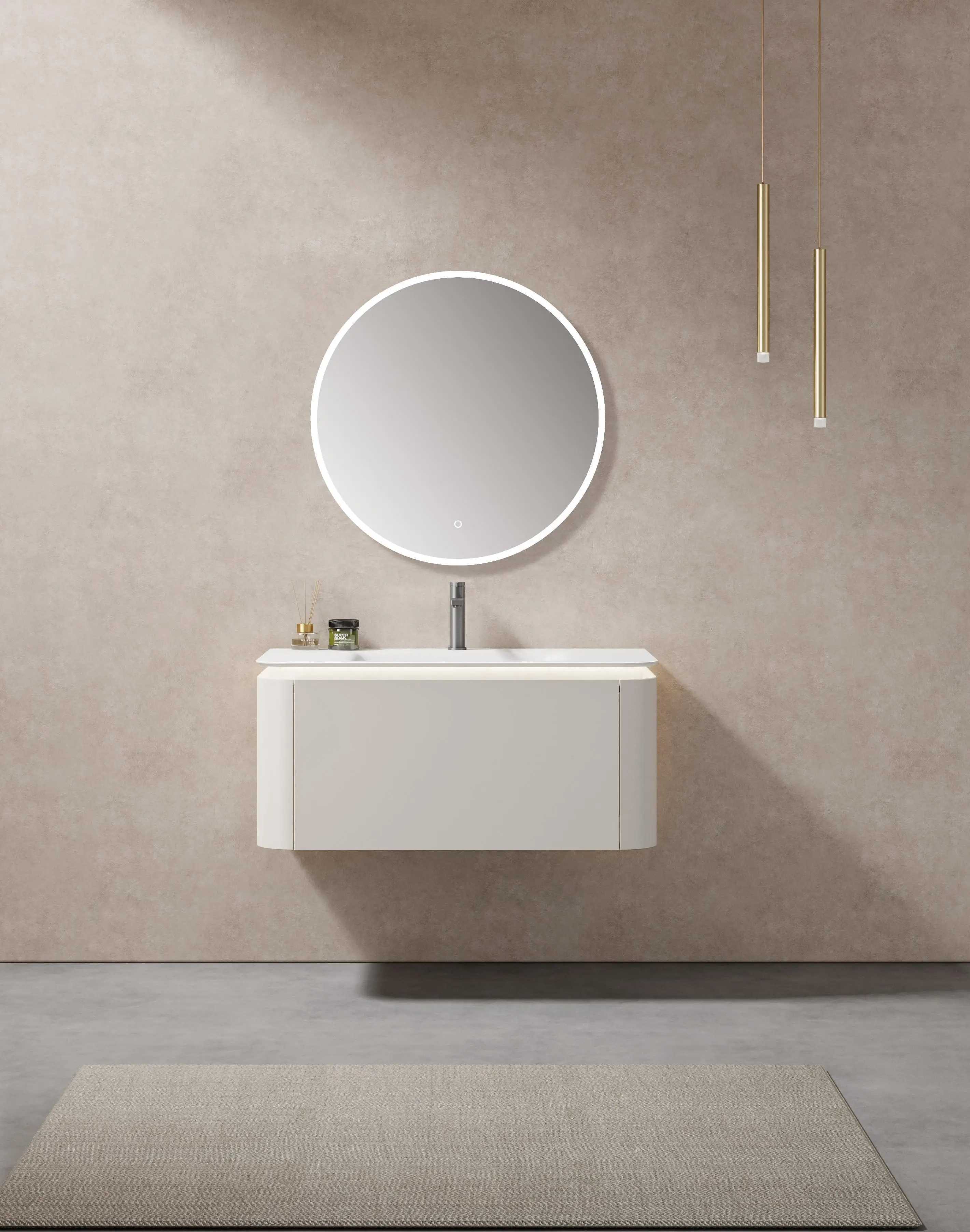 

Modern Minimalist Bathroom Cabinet Hot Sale Home & Hotel Use Smart Mirror & Sintered Stone Water Resistant Feature