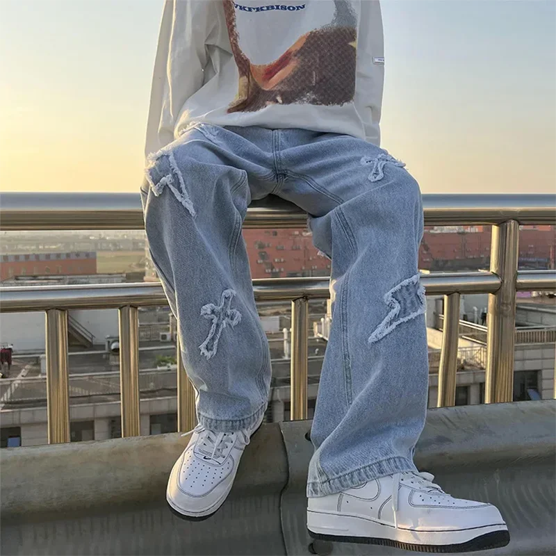 

Мужские прямые джинсовые джинсы Мужские новые модные повседневные свободные брюки High Street Y2k Новые широкие брюки в стиле хип-хоп Черные синие брюки