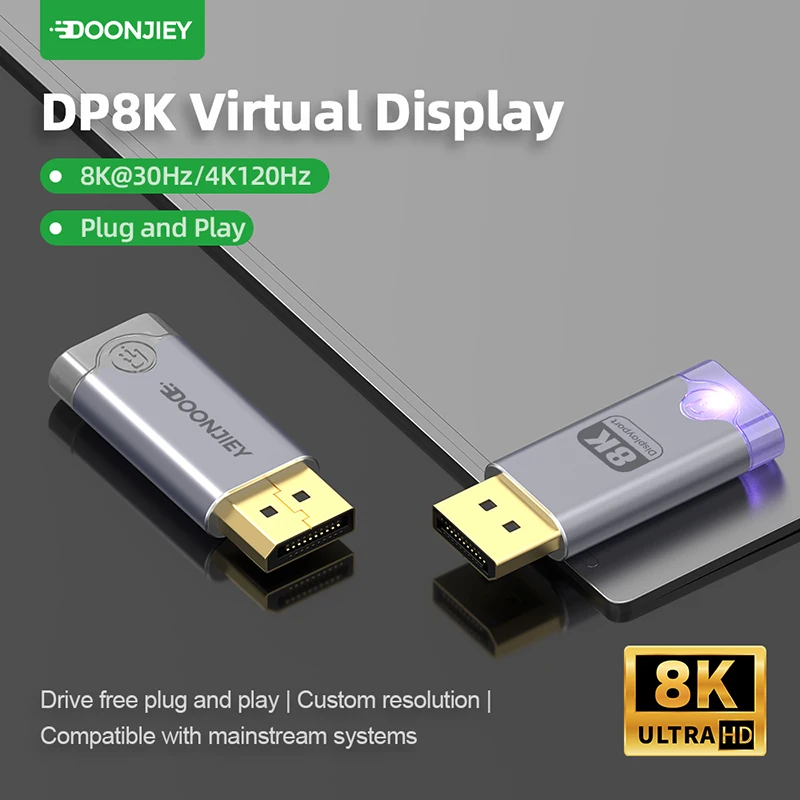 DOONJIEY 8K Displayport Dummy Plug DP Virtual Display Adapter DP Dummy Plug EDID Headless 8K DP Displayport Virtual Display