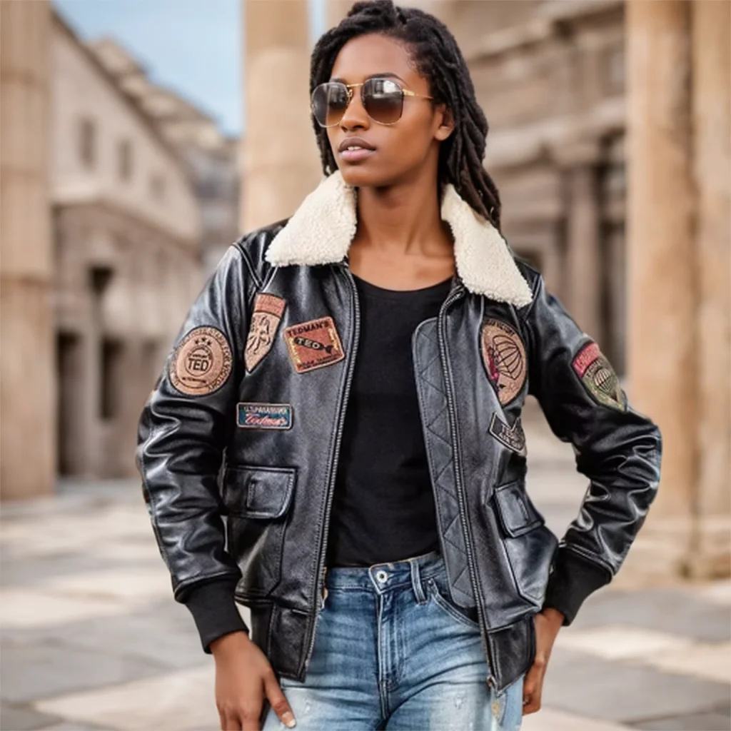 

Women Winter Dark Brown Leather Jacket Military Style Plus Size 3XL Genuine Natural Thick Cowhide Wool Collar G1 Flight Coat