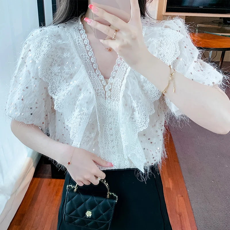 Women Elegant Ruffles Lace Sequins Sweet Chic Blouses 2024 Summer Female Fashion Sexy V Neck Short Sleeve Solid Slim Fairy Tops