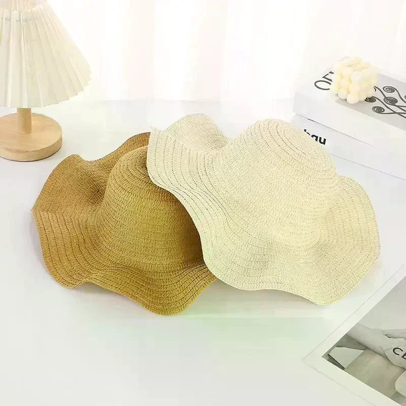 Summer Beach Wavy Edge Wide Brim Straw Hat For Seaside Vacation Women Outdoor Sun Cap