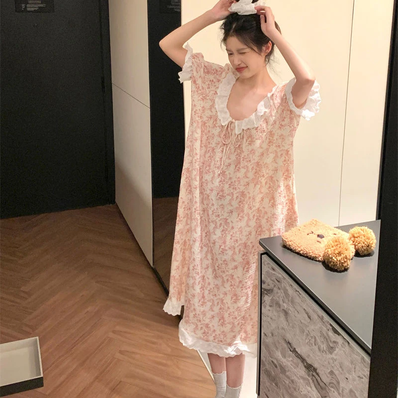 Lace Women Nightgown Floral Sleepwear Summer Night Dress Short Sleeve One Piece Pajamas Korean O-neck Bow Home Wear 2024 New