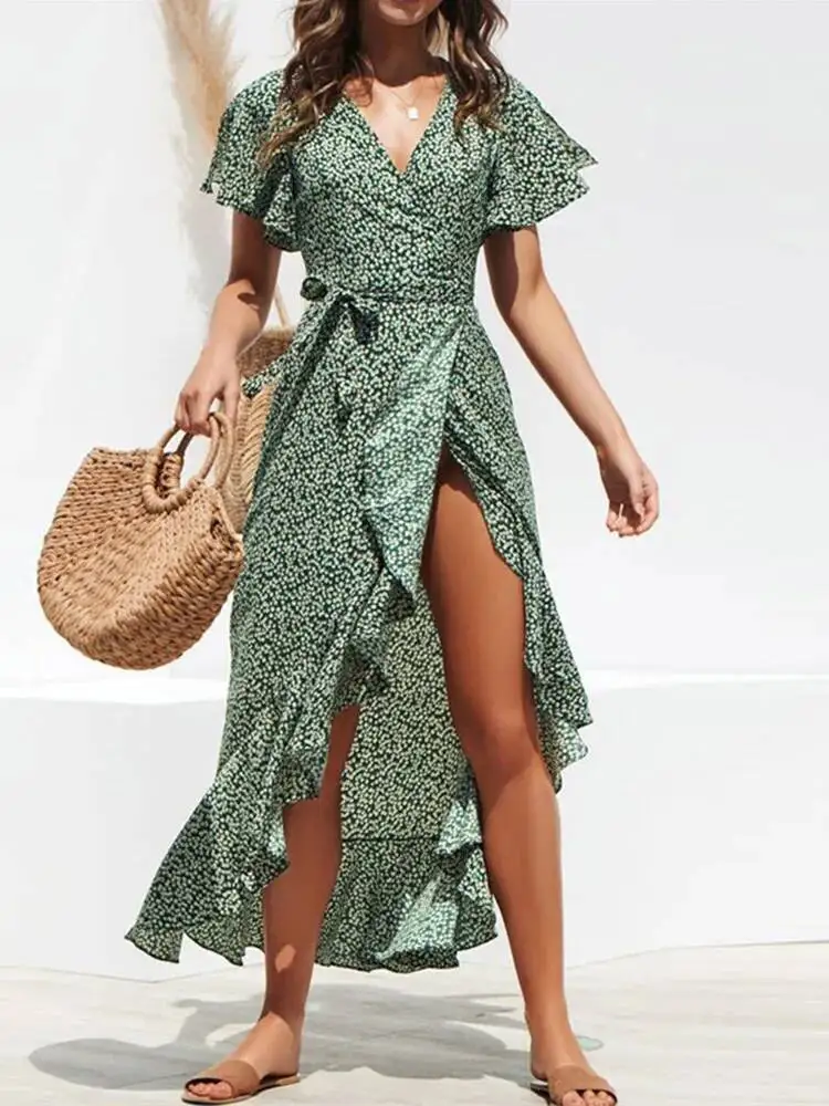 Summer Beach Maxi Women Floral Print Boho Long Chiffon Ruffles Wrap Casual V Neck Split Sexy Party Dress Robe Femme