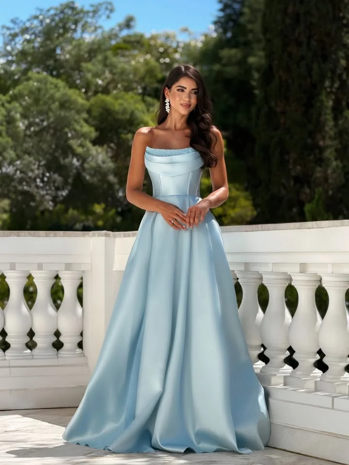 

Aenyrst Elegant Party Dresses Formal Occasion Prom Gowns Strapless Blue A-Line Customized فساتين طويلة بأكمام