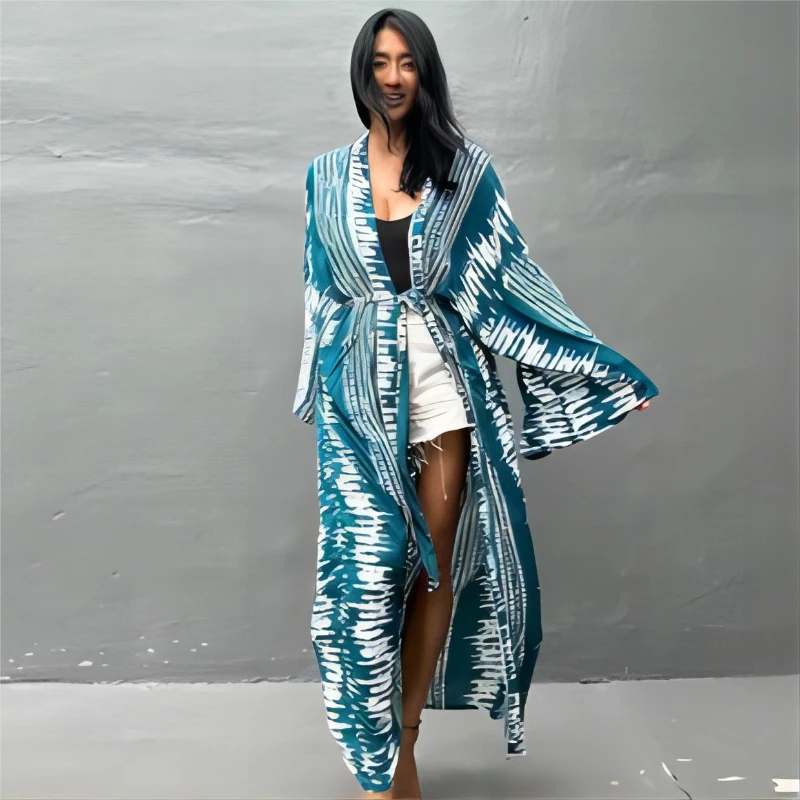 Peacock Blue Print Cover Up Swimwear Women 2024 Summer Robe Beach Bikini Loose Sun Protection Bathing Suit Long Sleeved Swimsuit