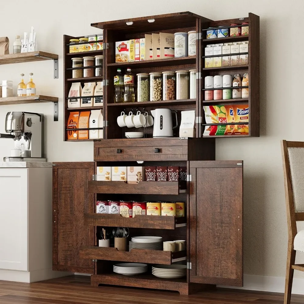 

72" Tall Kitchen Pantry Cabinet, Farmhouse Storage Cabinets with 4 Doors, 8 Hanging Shelves