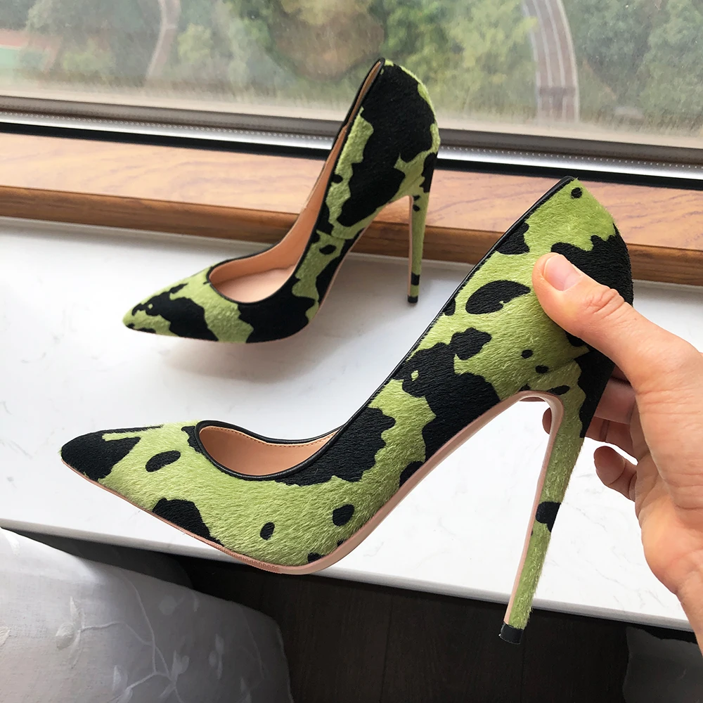 Tikicup Hairy Grafitti Pattern Women Green Pointy Toe High Heel Shoes Unique Design Sexy Slip On Stiletto Pumps Plus Size 33-46