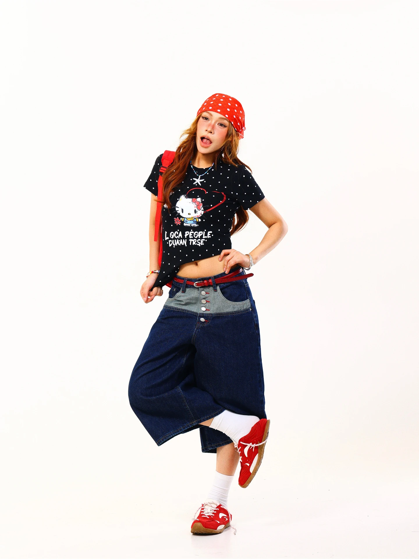 Light Blue American Style Washed Denim Wide Leg Pants Women Summer Vintage Loose Trousers Button Detailing Paneling