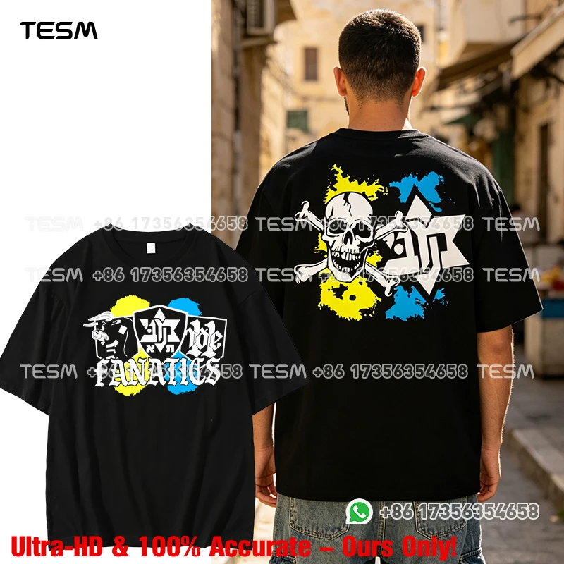 TESM Men Pure Cotton Crew Neck T-shirt Crossbones Six Pointed Star Back Graffiti Print Casual Loose Streetwear Short Sleeve Tops