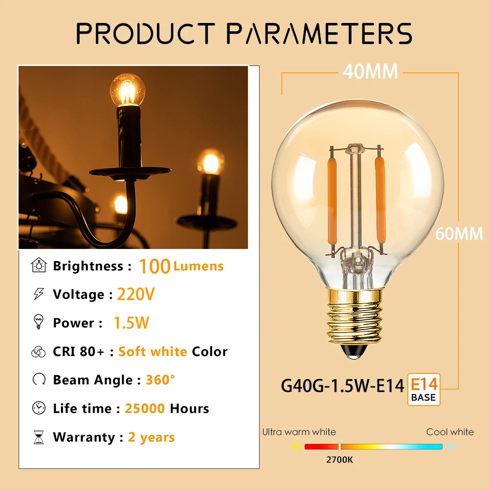 Retro G40 Globe Mini Ball Lamp 1.5W Amber Glass E12 E14 Base Edison Dimmable Led Filament Bulb For Pendant String Light Garland