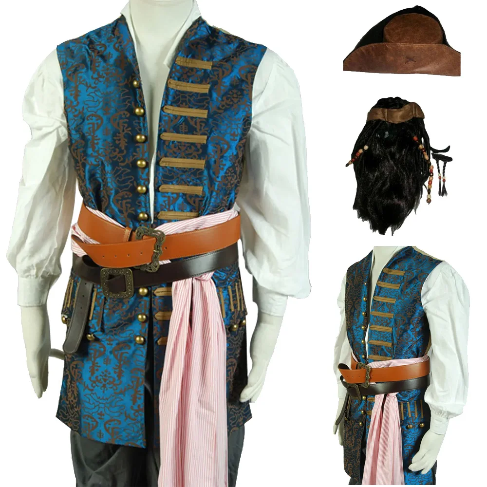 Fantasy Male Men Pirate Cosplay Jack Hat Wig Beard Costume Vest Only Men Role Play Vest Fantasia Halloween Carnival Party Suits