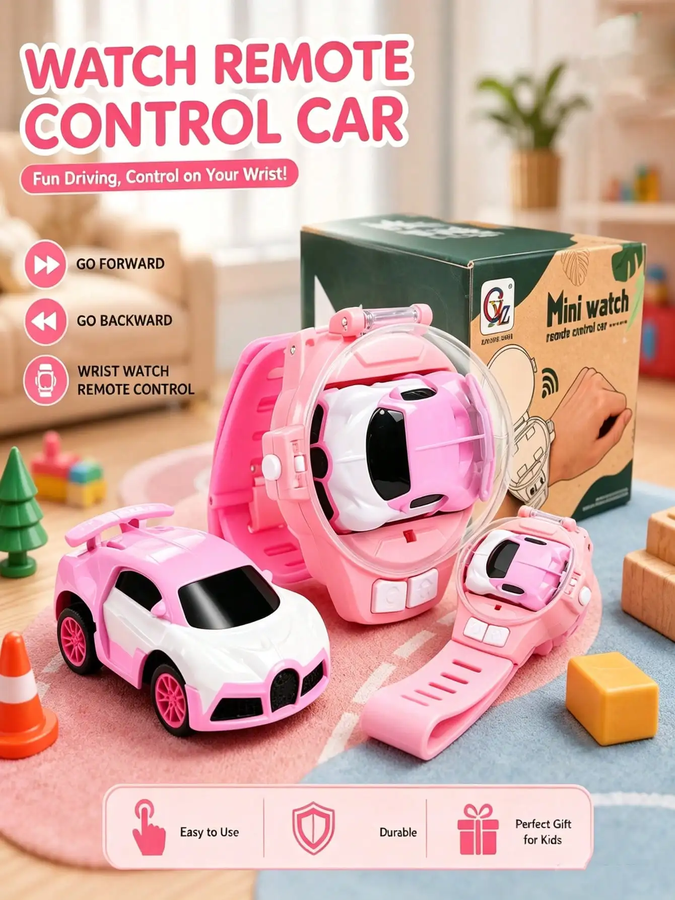 Mini Watch Remote Control Car, Blue Bugatti Alloy RC Car, 2.4Ghz Wrist Watch Controller Mini Racing Car With LED Light USB Recha