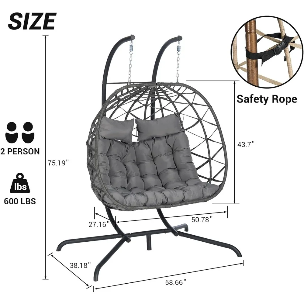 2 Person Double Swing Egg Chair with Stand, Patio Hanging Egg Lounger Chair Rattan Wicker Hammock Chair with Comfortable