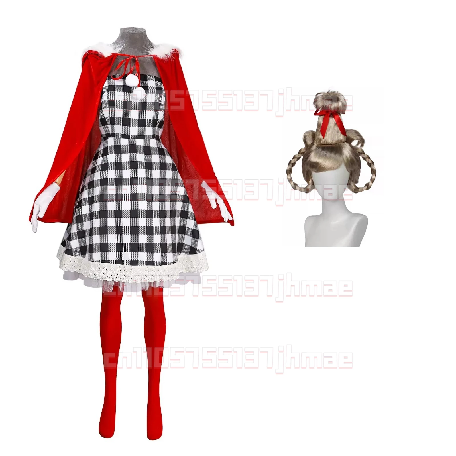 

Women Cindy Lou Who Red Hood Jumpsuit Dress Gloves Cloak Set Green Braid Monster Cosplay Christmas Costume