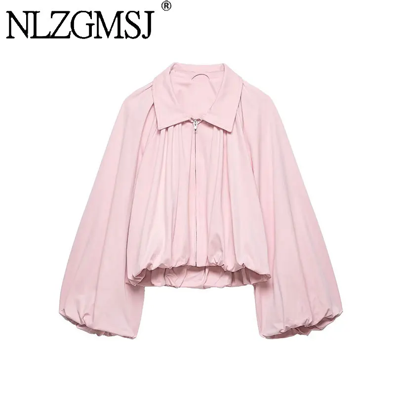 NLZGMSJ Women Bomber Jacket 2026 Spring Ball Sleeve Folds Zipper Loose Coat Female Casual Oversize Top Y2K