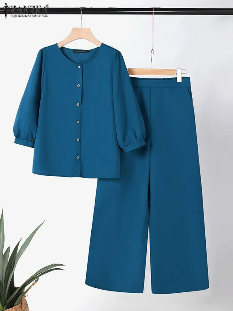 ZANZEA-Fatos de treino monocromáticos femininos, calças elegantes de trabalho, blusa e calças 3/4 de mangas, conjuntos combinando, roupas para o verão, elegante e elegante, 2024