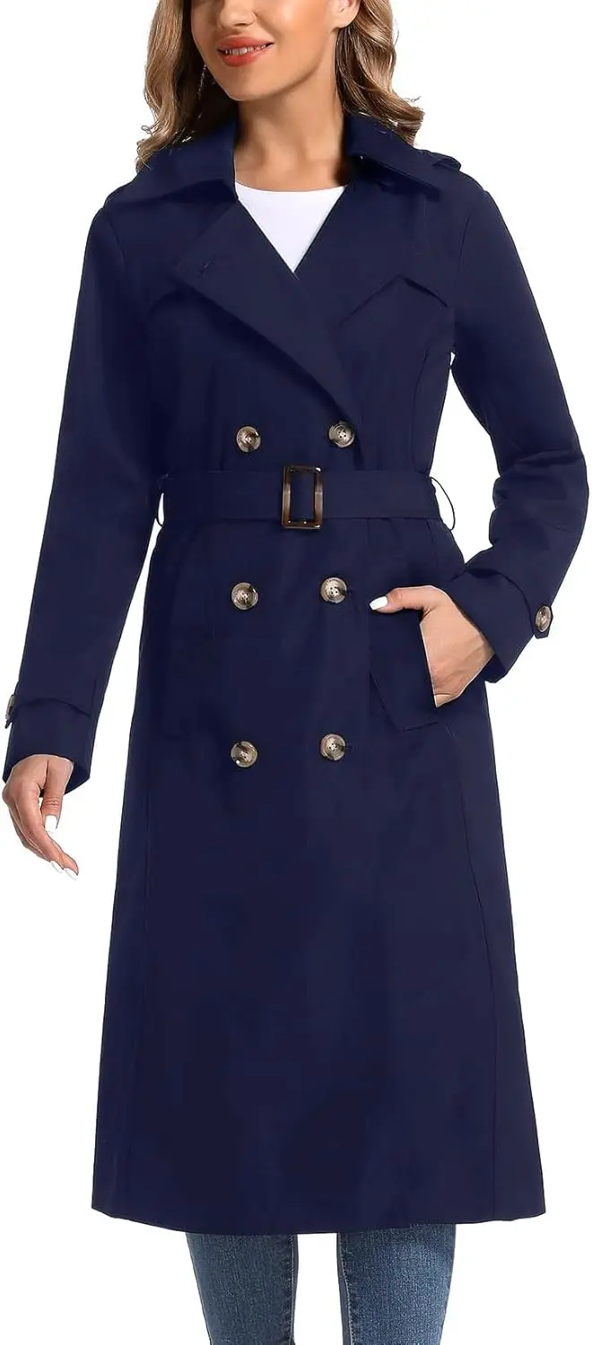 

Women's Waterproof Long Trench Coat with Removable Hood, Double Breasted Classic Design for All-Weather Wear