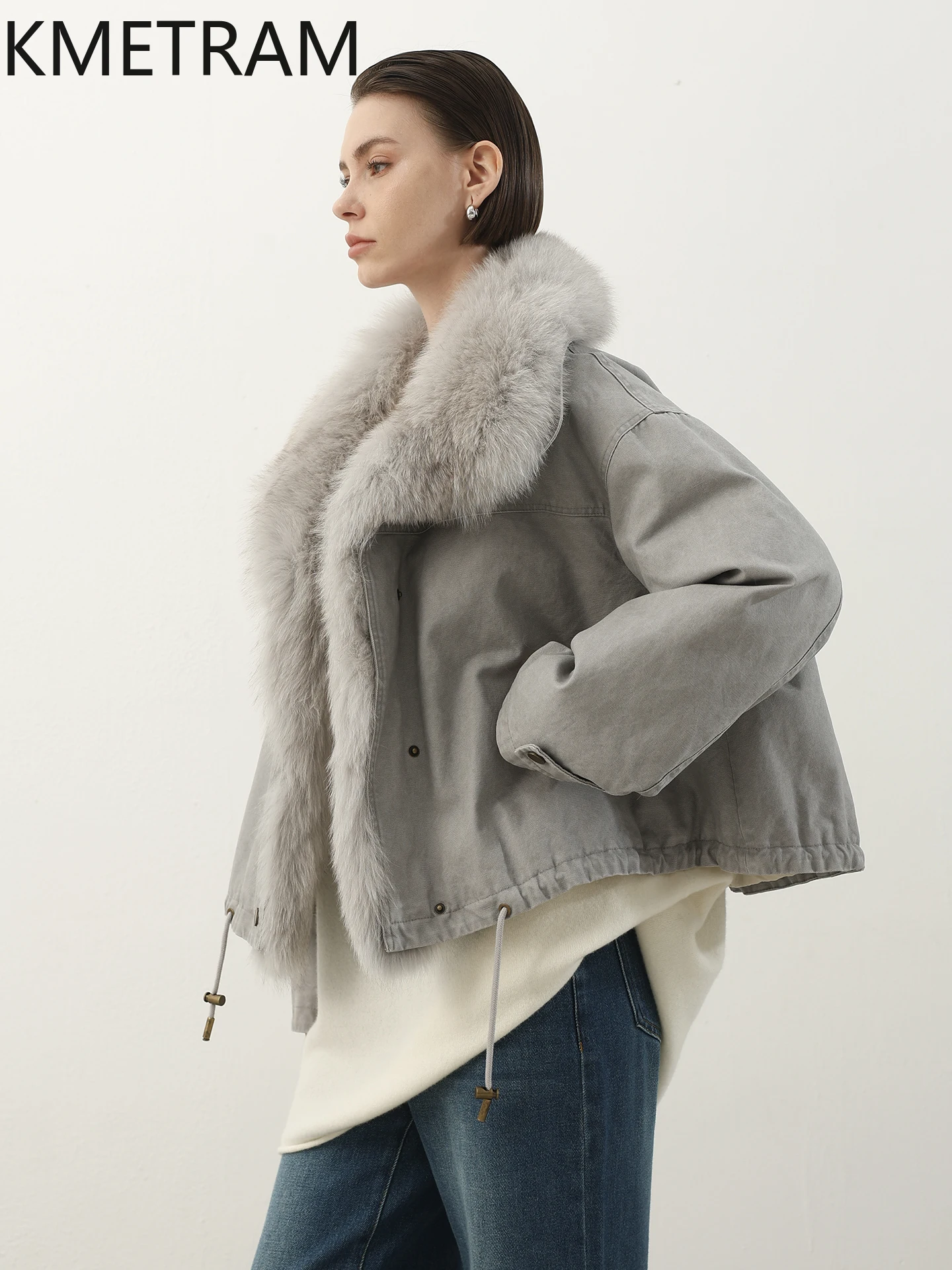 سترة KMETRAM بياقة من فرو الثعلب الحقيقي معطف أسفل سترة من الفرو غير رسمية كبيرة الحجم 2025 سترة شتوية قصيرة للنساء putaхоvikк ЖыыыыыыыыыёмÑ