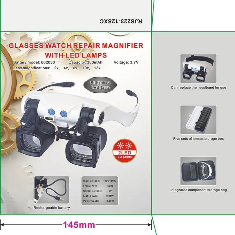 23X High Mag Headband Magnifier USB Rechargeable Repair Glasses Interchangeable Lens Kit with Zipper Case