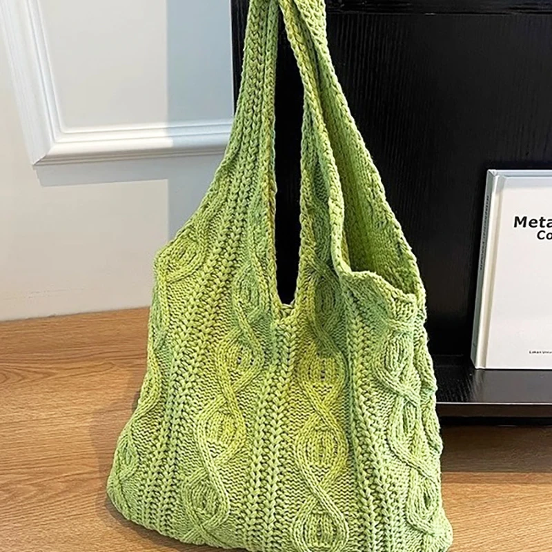 New Vintage Wool Knitted Bag Hand Woven Shoulder Bag For Women Casual Shopping Handbag Large Capacity Female Crochet Tote Bag