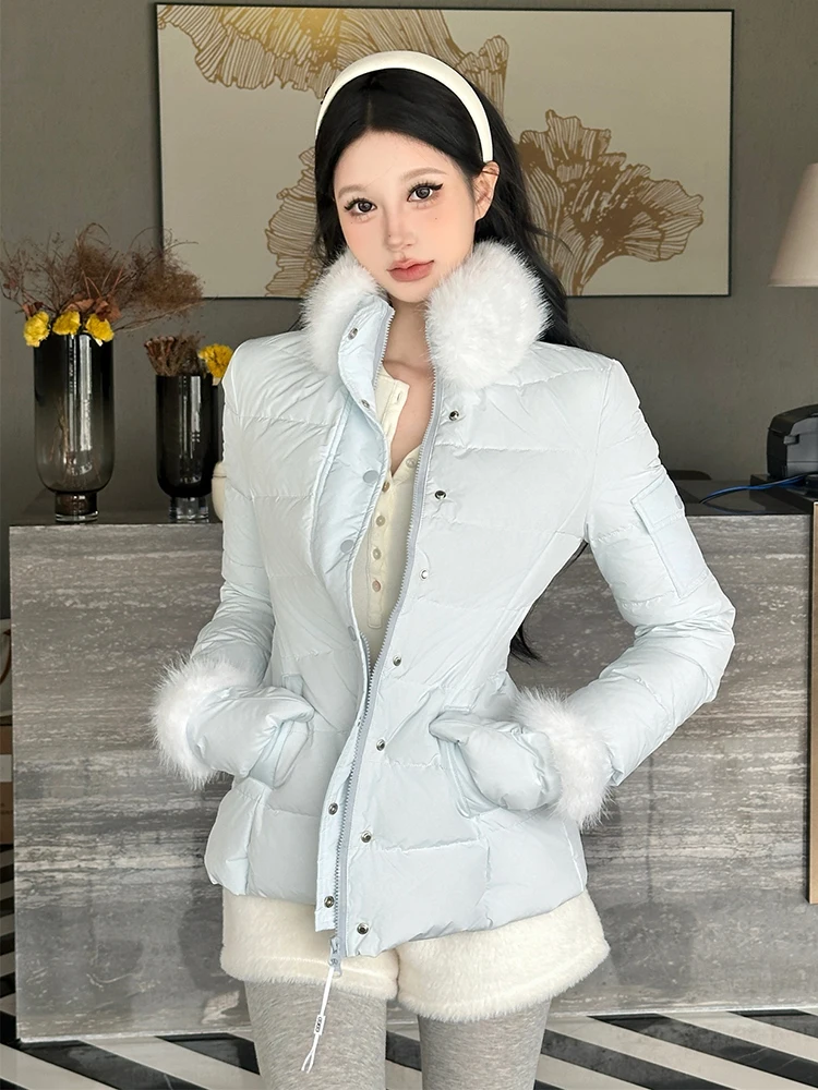 REDDACHiC فو الفراء طوق المرأة أسفل سترة فروي الأصفاد قفازات ضئيلة كامل البريدي اقتصاص معطف مبطن كوريا ملابس خارجية الشتاء غير رسمية #5