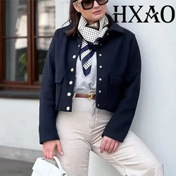 HXAO Elegant Women Coat Long Sleeves Buttons Pocket Lady Jacket 2024 Spring Autumn New Fashion Casual Office Women Clothing