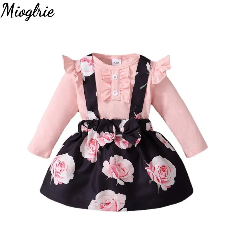 

0-18M Newborn Baby Girl Clothtes Set Long Sleeve Romper Floral Suspender Skirt with Headband Toddler Girl Clothes Outfit Set