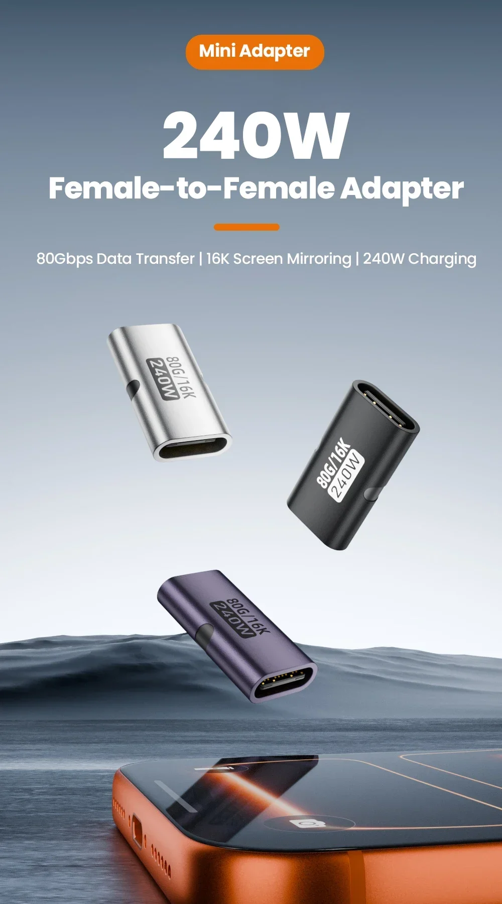 USB C to C Adapter PD3.1 240W Female to Female 80Gbps Fast Charging 16K 60Hz High Speed Type C Connector Converter