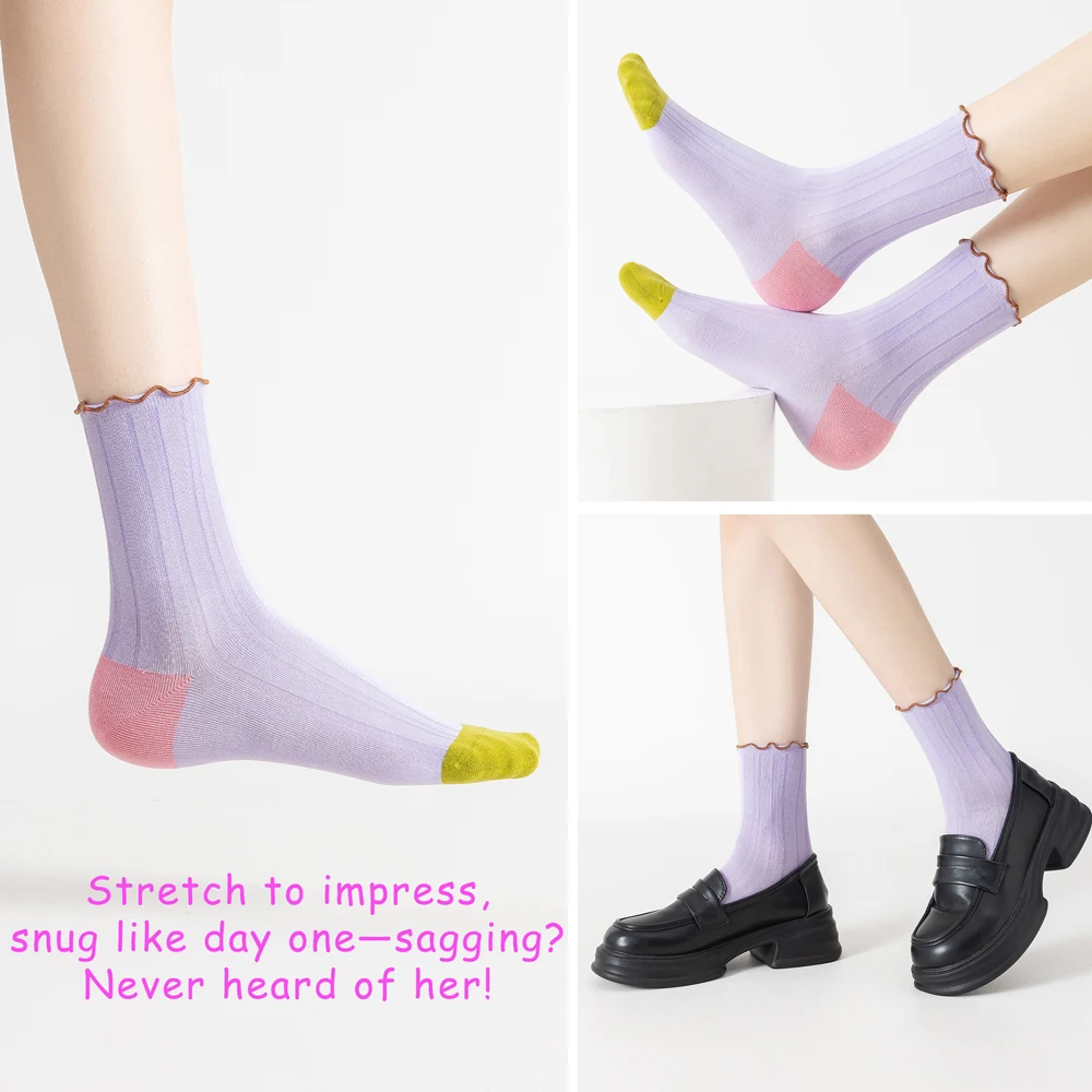 6 paia di calzini impilabili con finiture in pizzo di colore casuale da donna in cotone antibatterico a metà equipaggio traspirante senza cuciture anti-odore per tutti i giorni