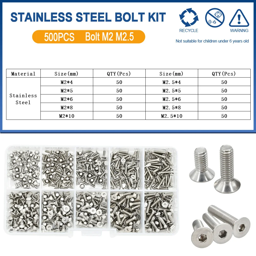 500 Stuks M2 M2.5 Kleine Schroef Bolt Kit 4mm 5mm 6mm 8mm 10mm Elektrische Schroeven Hex Hexagon Socket Cap Laptop PCB Allen Bouten Set