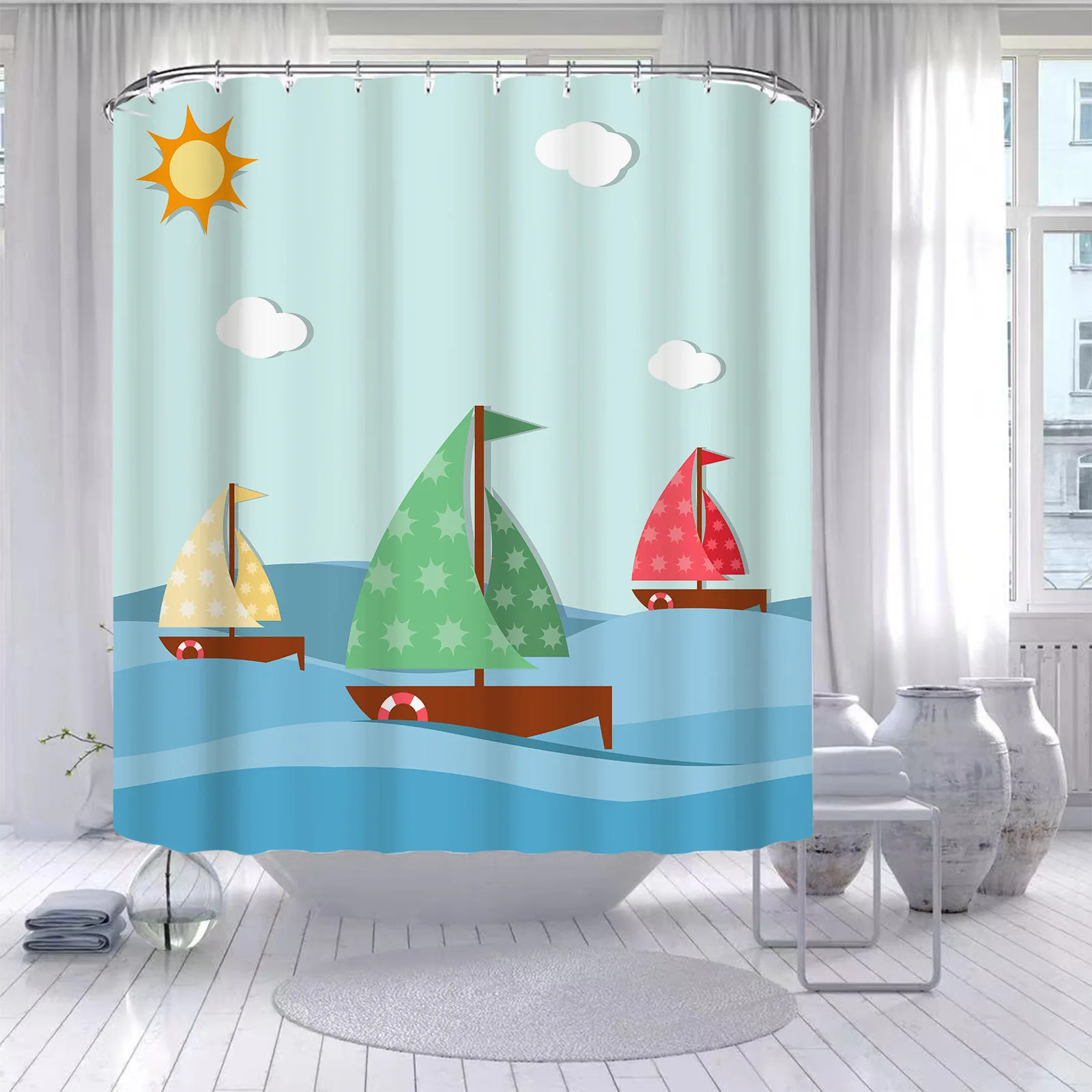 Ship Anchor Rudder Boat Shower Curtain Pirate Sailboat Starfish Bathroom Wall Hanging Curtains Waterproof Hooks Screen Decor