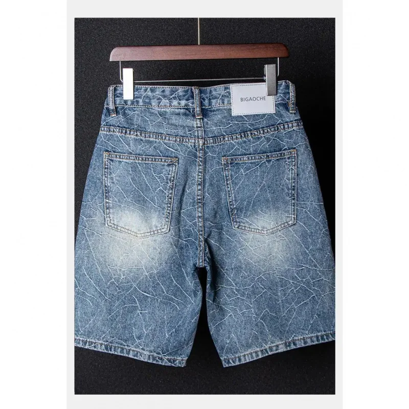 2026 Summer New Vintage Denim Shorts American Style High Street Men's Fashion Cracked Print Washed Design Five-Point Pants Stree