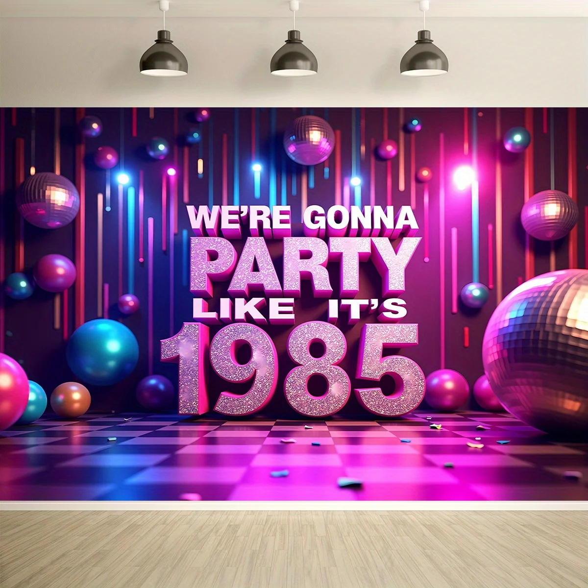 1985 Vintage Discokugel und rosa Ballonhintergrund – ein helles Banner zum 40. Geburtstag, Disco-Partyzubehör