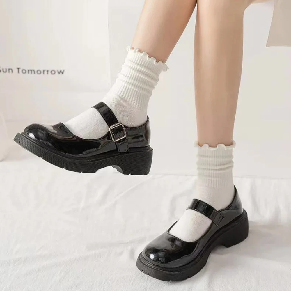 النساء تنفس كشكش تقليم الكاحل الجوارب 5 أزواج مجموعة منتصف العجل الجوارب تستخدم للمدرسة مكتب ربيع الخريف ارتداء #2