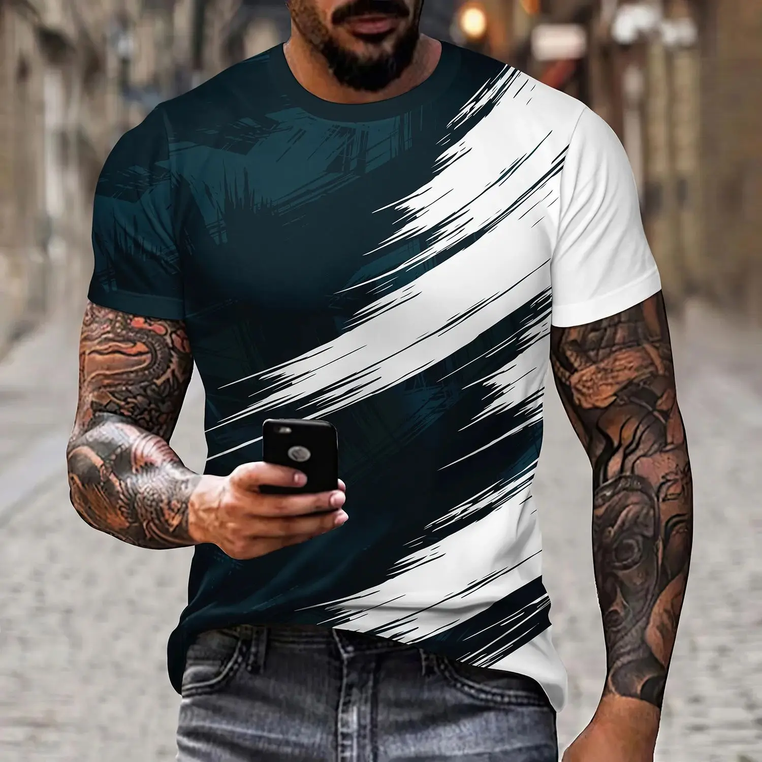 Summer Men\'s Fashion Simple Casual Street Personality Hd 3d Printing Loose Breathable O Collar Short Sleeve Plus Size Shirt