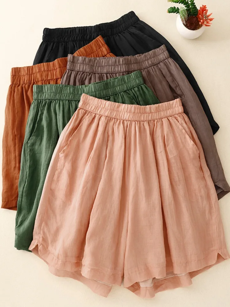 Retro Hemp Lyocell Wide Leg Short Pants Women Summer Elastic Waist Loose Slimming Mid-Calf Five-Quarter Pants Skirt