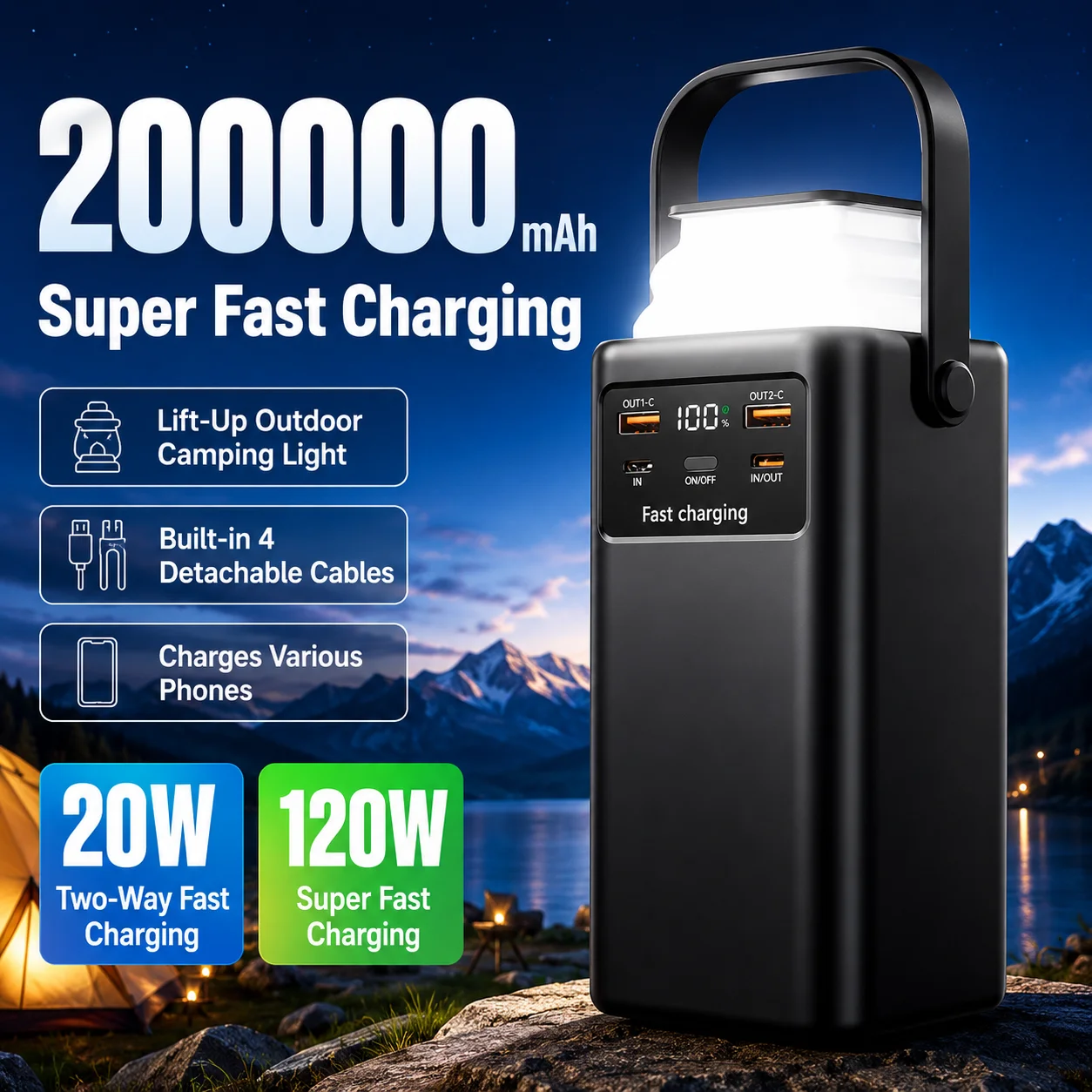 200000mAh Portable Outdoor Emergency Power Banks Smartphone Backup Power with Built-in Cable Powerbank 50000mAh Camping Light