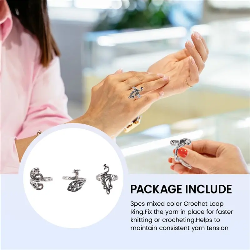 NEW HOT In Stock-3Pcs Adjustable Knitting Loop Ring-Peacock Goldfish Open Finger Ring,Crochet Finger Yarn Holder,Yarn Guide Fing