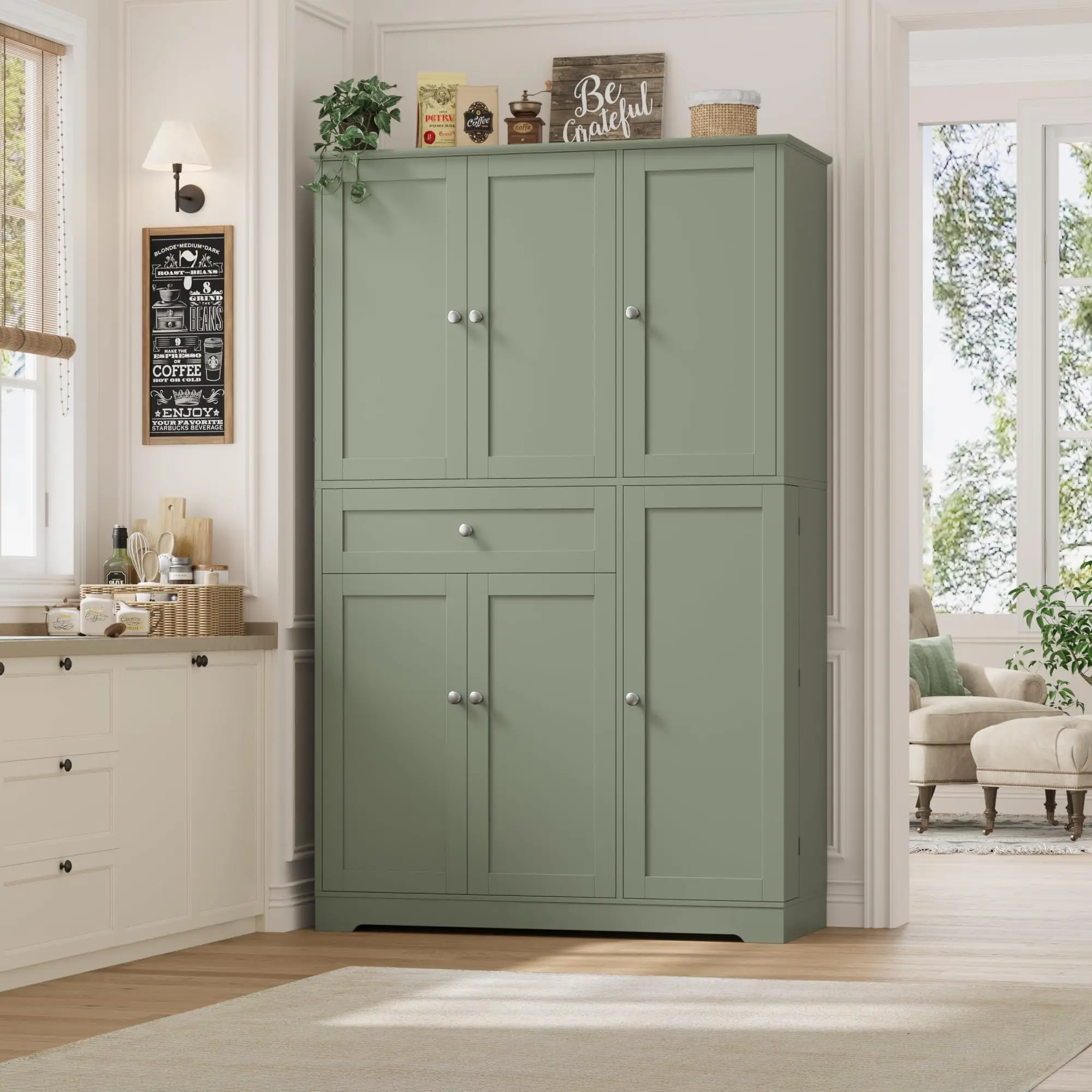 Kitchen Pantry Storage Cabinet Cupboard Organizer For Dining Room Living Room, Freestanding Multi Tier Utility Food Rack Tower With Doors Drawer And Side Spice Shelves, Modern Style, Green, 1 Piece