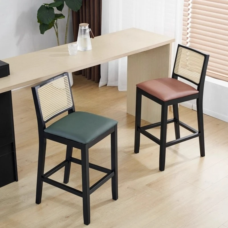 

Nordic Bar Stools with Rattan Backrest Solid Wood Counter Height Foot Chairs Modern Weave Bar Chairs Minimalist Home Furniture