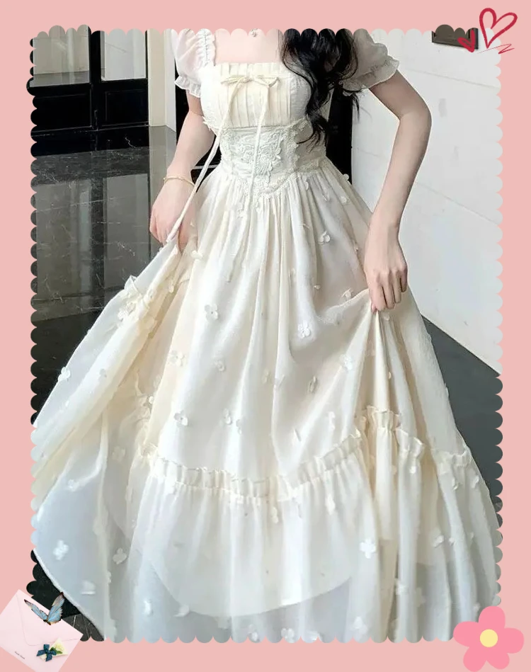 

Summer New Temperament Beautiful Niche Waist Slimming Long Dress French High Princess Square Collar Bubble Short Sleeve Dresses