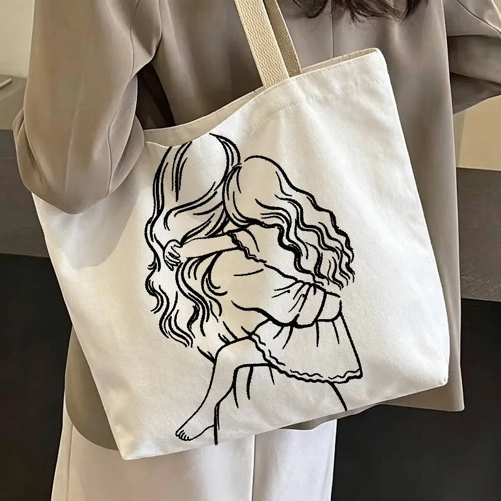 Black Line Drawing Mom and Dad Daughter Print Bag Eco Shopper Cotton Jute Bag Reusable Bag Foldable Reusable Sac Tissu