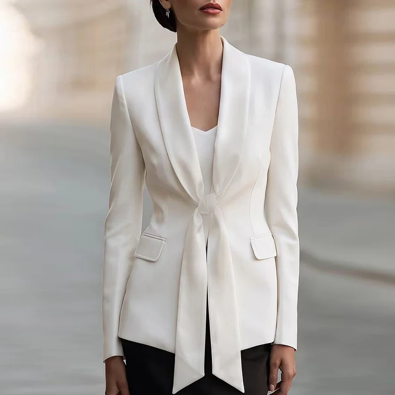Simple Solid Long Sleeved Buttonless Coat Temperament High Waist Slim Outwear Elegant Ribbon Collar Tied Office Commuting Jacket