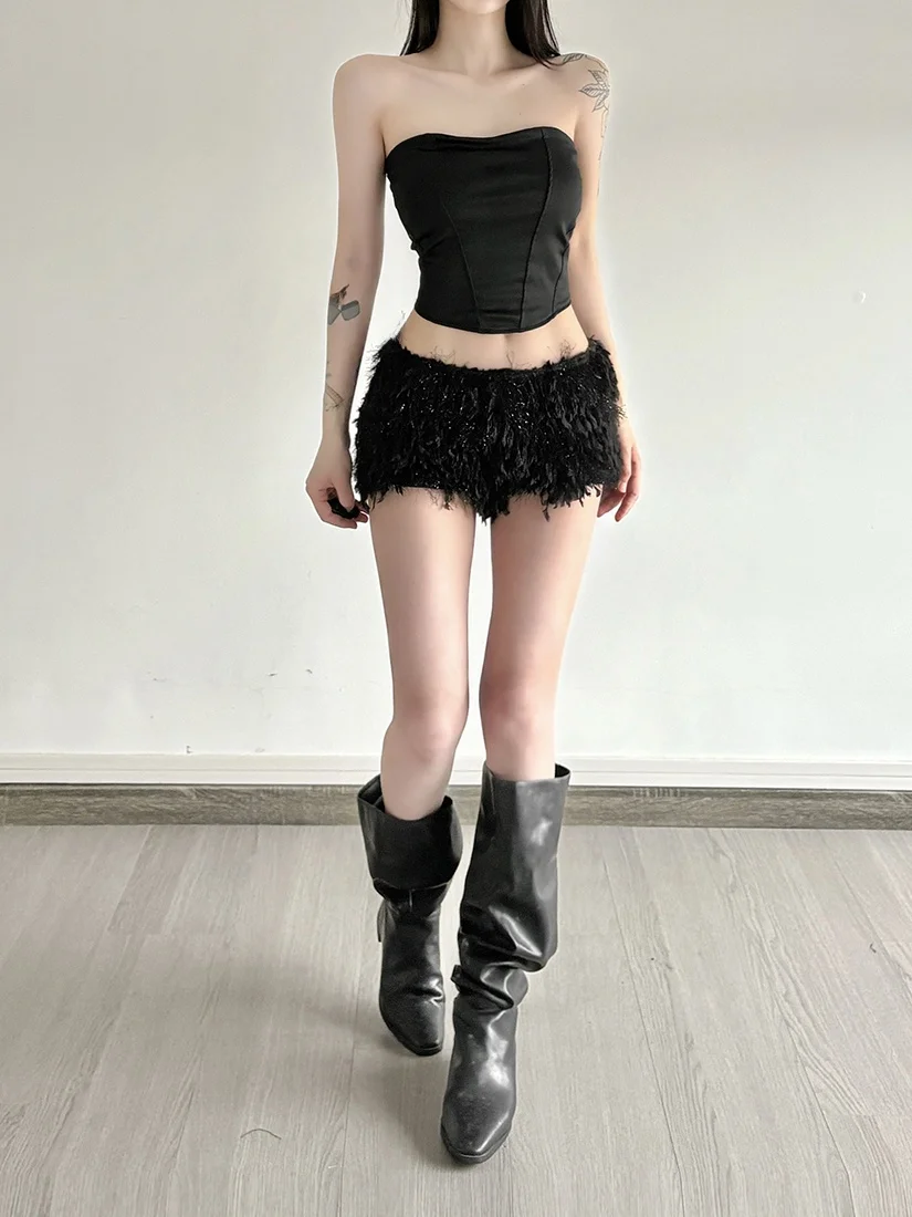 

Sisjuly Sweet Soft Spicy Girl Style Furry Hot Pants Shiny High Waist Short Casual Pants Women's Comfortable Straight Leg Trou...