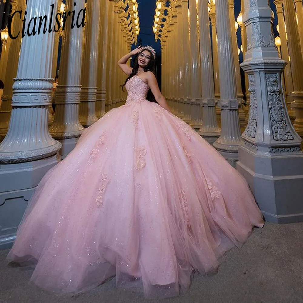 Roze Quinceanera Jurken Tulle Kant Applicaties Birthday Party Baljurk Prinses Zoete Glitter Vestido De 15 Años