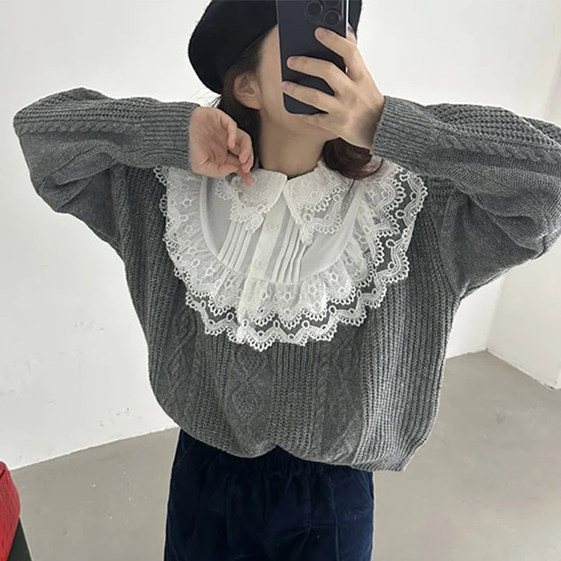 Korean Chic Removable Lace Collar Sweater Contrast Ropa Mujer Long Sleeve Pullover Twist Womens Clothing Loose Knitwears