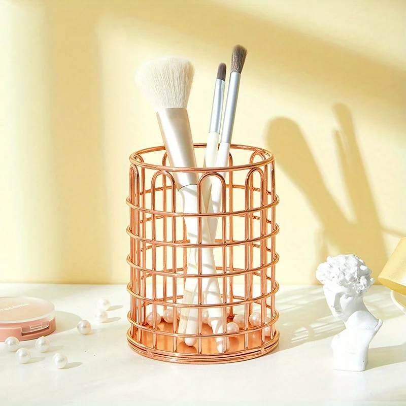 Cosmetics Storage Makeup Brush Holder Rose Gold Wrought Iron Round Eyeliner Lipstick Brushes Pen Pot Organizer Basket Box